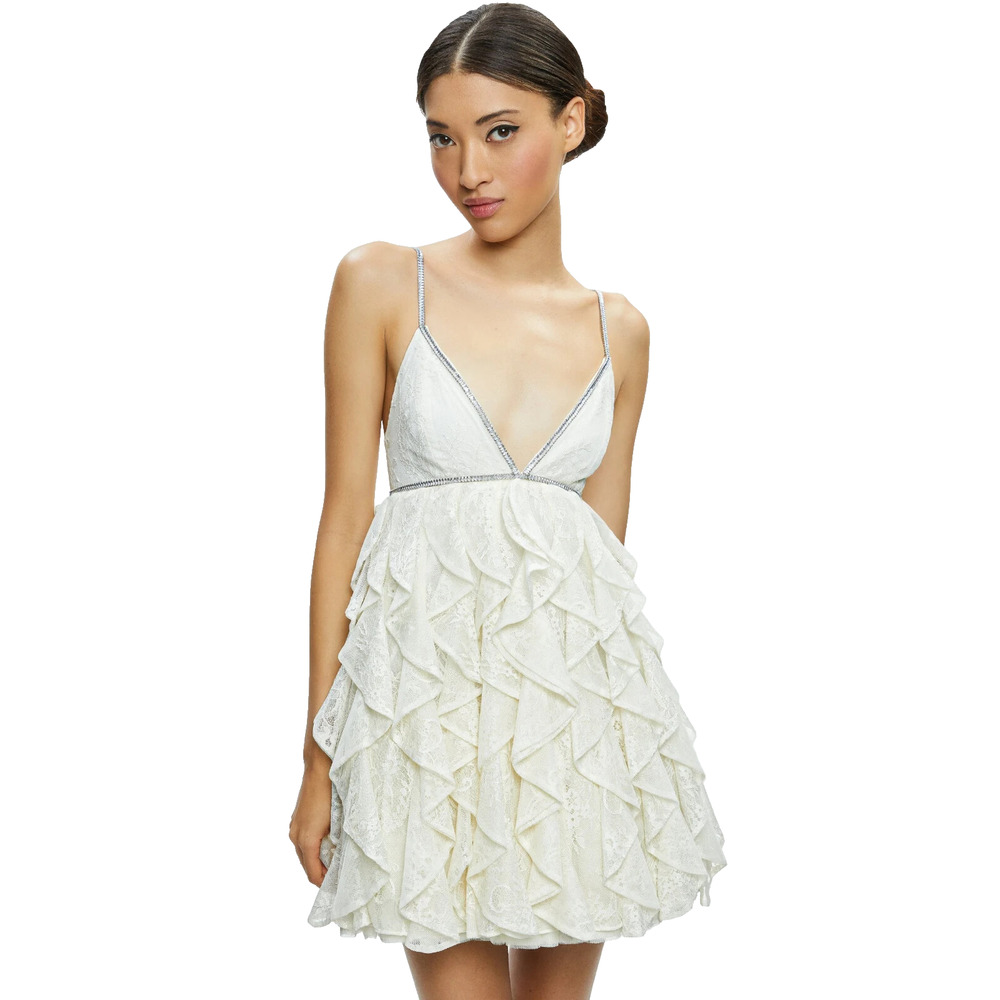 ALICE + OLIVIA WILMARIE OFF WHITE EMBELLISHED LACE RUFFLE MINI GOWN SIZE 14 NWT